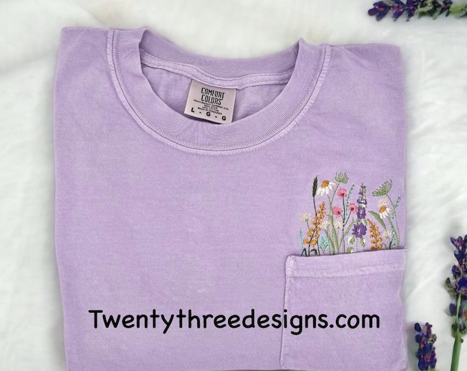 Embroidered crewneck wildflower pocket t-shirt, Embroidered flower shirt, Spring clothing, Floral pocket tee, Comfort Colors tshirt