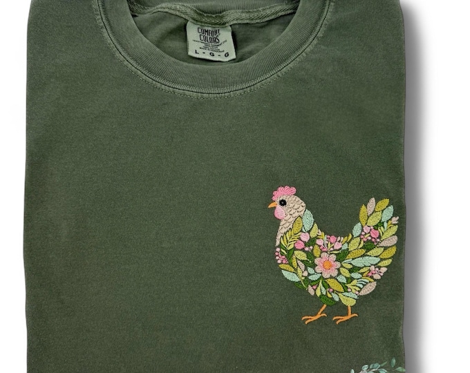 Floral Chicken Embroidered T-shirt, Farmhouse Fresh Meets Boho Chic! Perfect for lovers of Farmhouse, cottagecore vibes, or  quirky fashion.