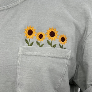Embroidered crewneck sunflower pocket t-shirt, Embroidered flower shirt, Floral pocket tee, Comfort Colors tshirt, Sunflowers