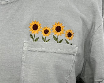 Embroidered crewneck sunflower pocket t-shirt, Embroidered flower shirt, Floral pocket tee, Comfort Colors tshirt, Sunflowers