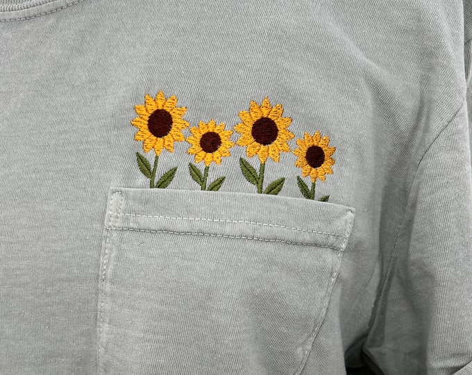Embroidered crewneck sunflower pocket t-shirt, Embroidered flower shirt, Floral pocket tee, Comfort Colors tshirt, Sunflowers