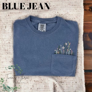 Embroidered crewneck wildflower pocket t-shirt, Embroidered flower shirt, Spring clothing, Floral pocket tee, Comfort Colors tshirt image 6