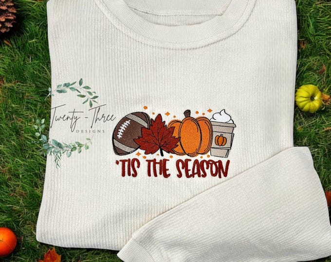 Embroidered Corded Crew ‘Tis the Season Fall sweater, Fall sweatshirt, Cute fall season Comfy Sweatshirt, extended sizes available