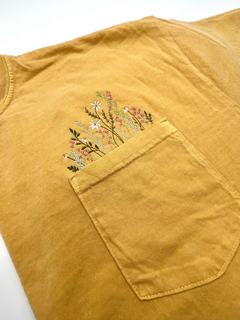 Embroidered crewneck wildflower pocket t-shirt, Embroidered flower shirt, Spring clothing, Floral pocket tee, Comfort Colors tshirt image 7