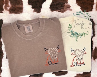 T-shirt brodé vache des montagnes, T-shirt brodé, broderie, T-shirt couleurs confort, vache Highland, Vache, T-shirt vache,
