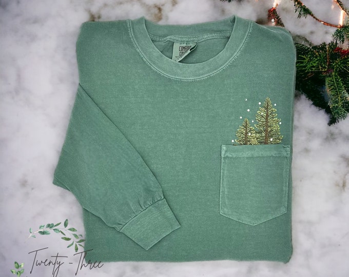 Embroidered winter trees long sleeve, embroidered trees, Pocket t-shirt, pocket long sleeve, Comfort colors, Christmas trees, Christmas