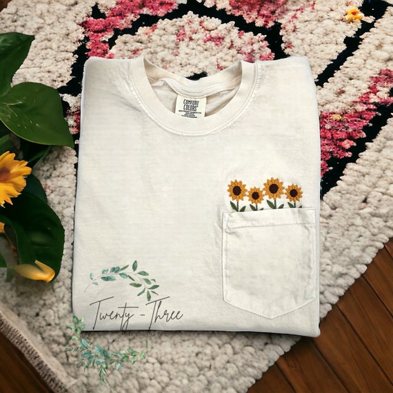 Embroidered Crewneck Sunflower Pocket T-shirt, Embroidered Embroidered Crewneck Sunflower Pocket T-shirt, Embroidered