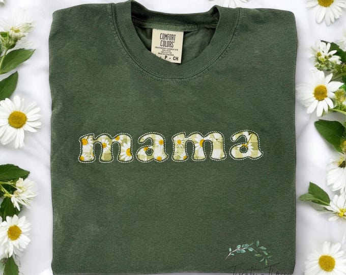Custom Enbroidered  reverse  floral appliqué t-shirt, comfort color , Mothers Day gift, choose  Mama, Gram,Nana & more, plus size available
