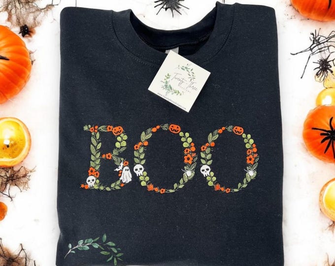 BOO Embroidered crewneck, Embroidered Halloween sweatshirt,  Ghosts with skull & bats, Trendy for both men and women, plus size available
