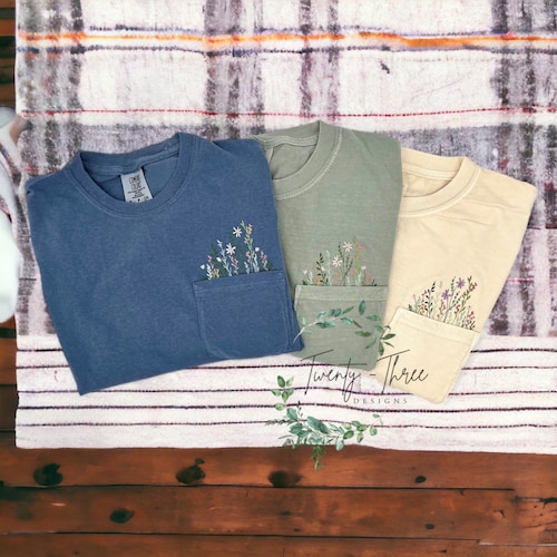 Embroidered crewneck wildflower pocket t-shirt, Embroidered flower shirt, Spring clothing, Floral pocket tee, Comfort Colors tshirt