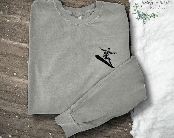 Embroidered Snowboarding Comfort Color long sleeve crewneck, Snowboard gift, Apres Ski, Snowboarder appeal, available in extended sizes