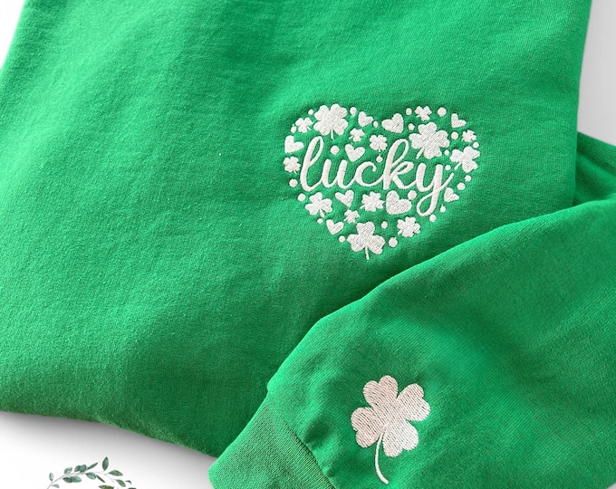 Embroidered Lucky Sweater with custom sleeve, perfect St. Patricks Day Crewneck  . Available in extended sizes