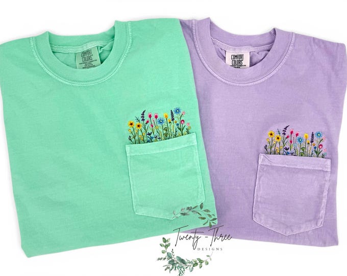 Embroidered crewneck wildflower pocket t-shirt, Embroidered flower shirt, Comfort Colors tshirt, Floral pocket tee, Embroidered flowers