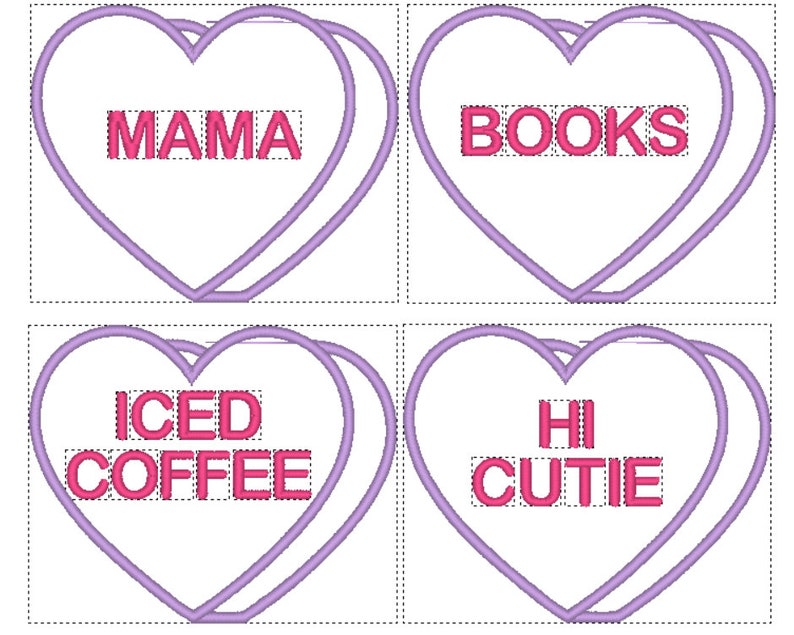 Puede incluir: Cuatro corazones de caramelo rosa y blanco con diferentes mensajes. Los corazones est&aacute;n delineados en morado. Los mensajes son "MAMA", "LIBROS", "CAF&Eacute; CON HIELO" y "HOLA PRECIOSA".