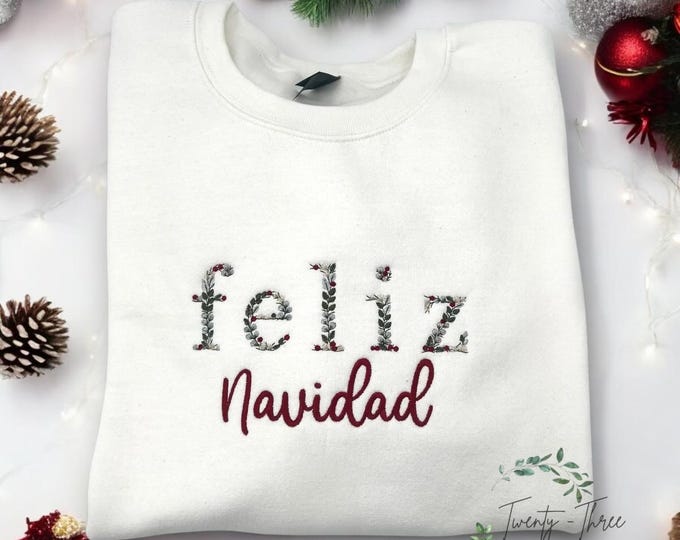 Embroidered Feliz Navidad Holiday Sweatshirt, Crewneck Holiday shirt with custom sleeves,  extended sizes available
