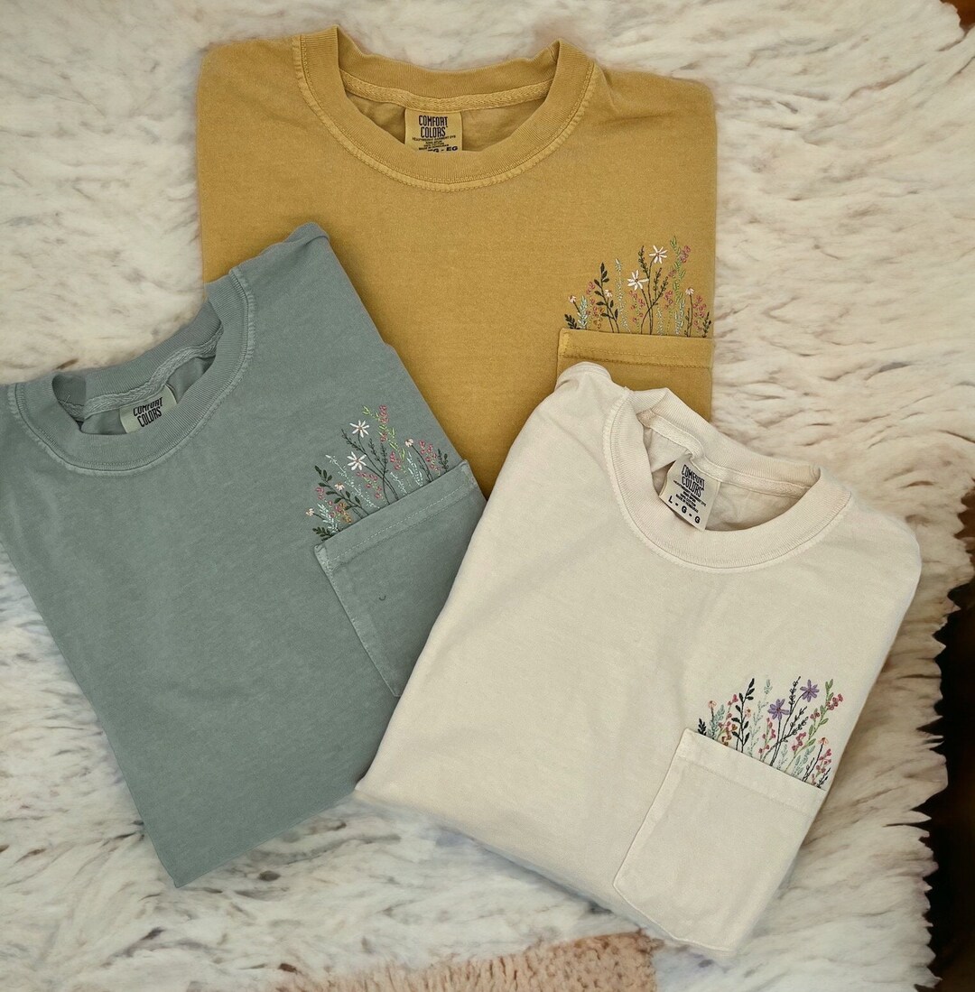 Embroidered Crewneck Wildflower Pocket T-shirt Embroidered - Etsy