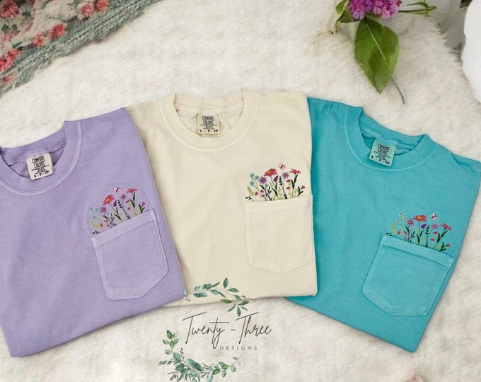 Embroidered crewneck wildflower pocket t-shirt, all season clothing, Floral pocket tee, Morhers Day, Comfort Colors, plus sizes