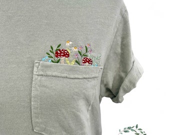 Embroidered crewneck wildflower pocket t-shirt, Embroidered mushroom shirt, Mushrooms, Floral pocket tee, Comfort Colors tshirt