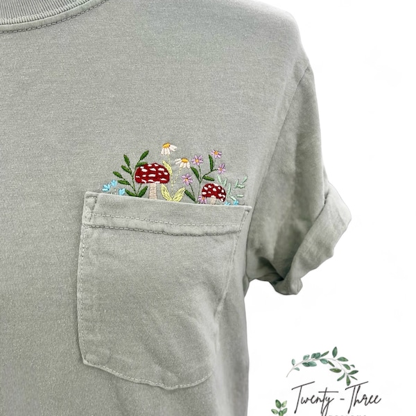 Embroidered crewneck wildflower pocket t-shirt, Embroidered mushroom shirt, Mushrooms, Floral pocket tee, Comfort Colors tshirt