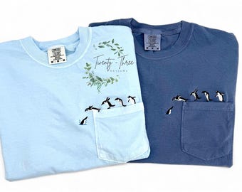 T-shirt couleur confort brodé pingouin, poche de plongée, tendance, amusant, chemise pour amoureux des animaux pour tous les âges, grandes tailles disponibles
