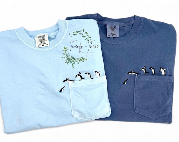 Embroidered Penguin Diving Pocket comfort color T-shirt, Trendy, Fun, Animal lover shirt for all ages, extended sizes available