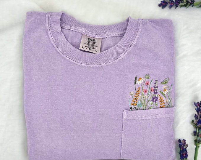 Embroidered crewneck wildflower pocket t-shirt, Embroidered flower shirt, Spring clothing, Floral pocket tee, Comfort Colors tshirt