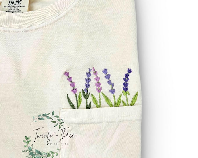 Embroidered crewneck lavender wildflower pocket t-shirt, all season clothing, Floral pocket tee, Morhers Day, Comfort Colors, plus sizes
