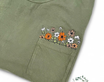 Embroidered Flower Pocket T-Shirt | Comfort Colors | Autumn Floral Shirt | Cozy Fall Vibes| Perfect fall gift| available in plus sizes