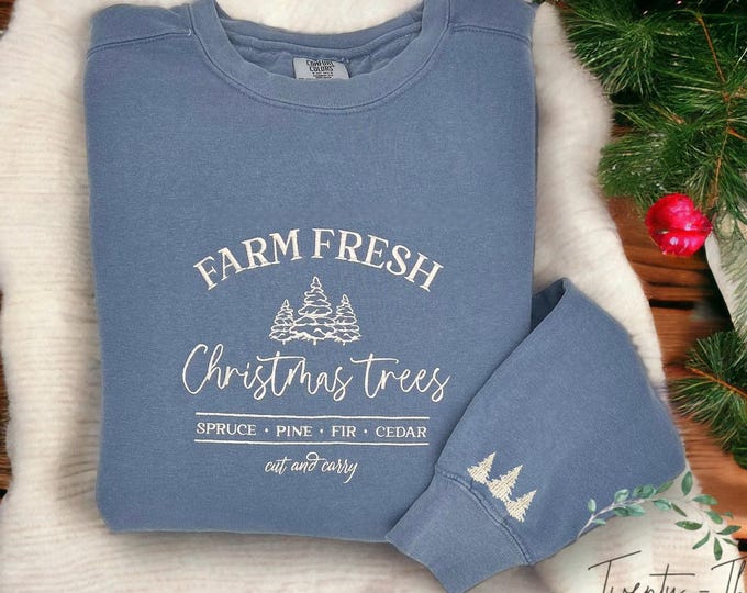 Embroidered Christmas Tree Farm sweater, Comfort Colors, Tree farm, Christmas Sweathshirt, Embroidered sweater, Christmas Sweater, plus size