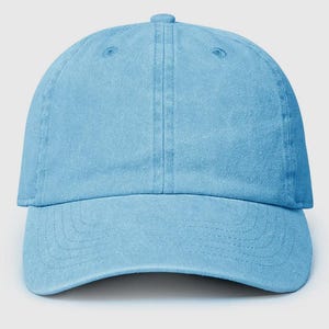 May include: A light blue baseball cap made of cotton. The cap has a curved brim and a structured crown.