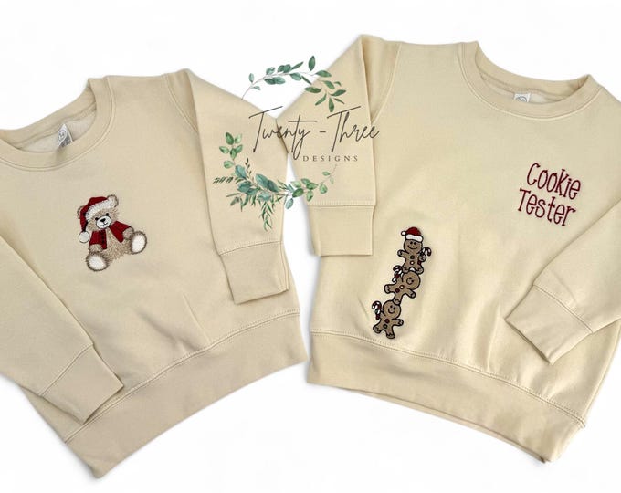 Kids  Christmas embroidered Crewneck  sweatshirts, Embroidered gingerbread kids for cookie testing and Santa’s favorite teddy bear!