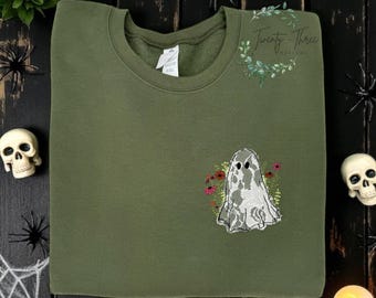 Sudadera de fantasma de encaje bordado con flores silvestres, acogedora, caprichosa, con un aire otoñal único, temporada de Halloween, talla extendida.