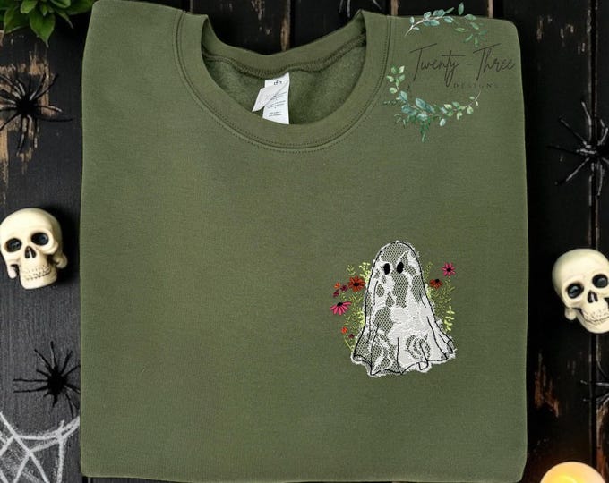 Embroidered  Lace Ghost Sweatshirt with wild flowers, Cozy, Whimsical,  Perfectly Unique fall vibes, Halloween season, extended size