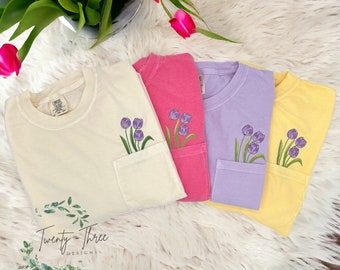 Embroidered crewneck tulip pocket t-shirt, Embroidered flower shirt, Spring clothing, Floral pocket tee, Comfort Colors t-shirt, tulips