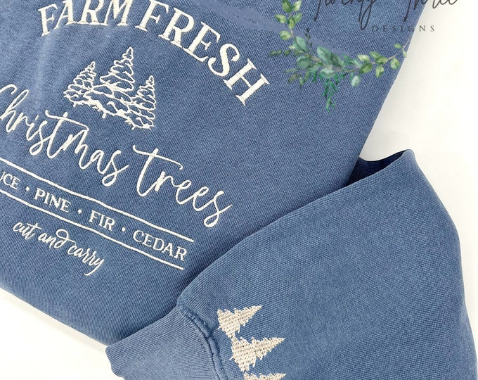 Embroidered Christmas Tree Farm sweater, Comfort Colors, Tree farm, Christmas Sweathshirt, Embroidered sweater, Christmas Sweater, plus size