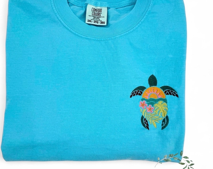 Floral tropical turtle embroidered,  beach days/ casual island/gift . Comfort colors softness, splash of tropical charm. Avail  in plus size