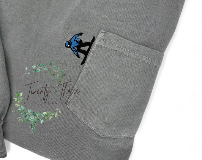 Embroidered Downhill Snowboarder along pocket of Comfort Color long sleeve, Apres Ski, Embroidered in custom colors, extended  sizes avail.