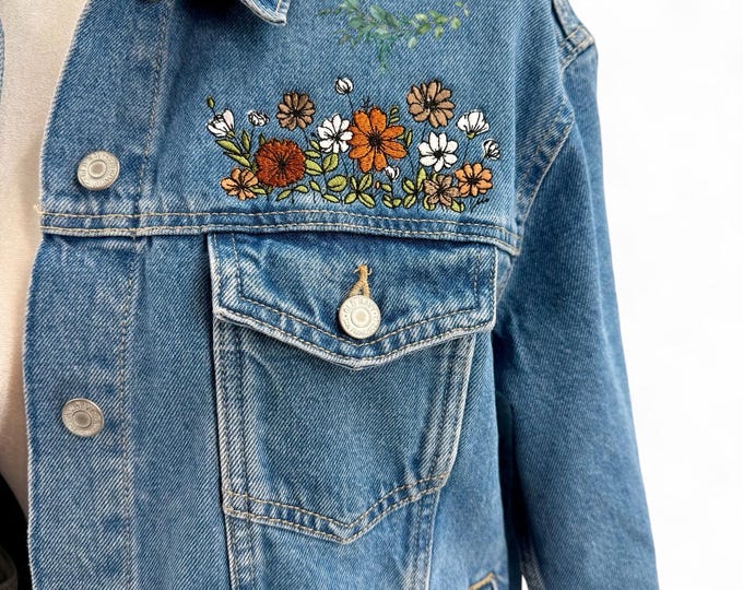 Custom embroidered Jean  jacket with wildflowers + personalization. One -of-a-kind fashion staple & gift idea for brides, weddings.