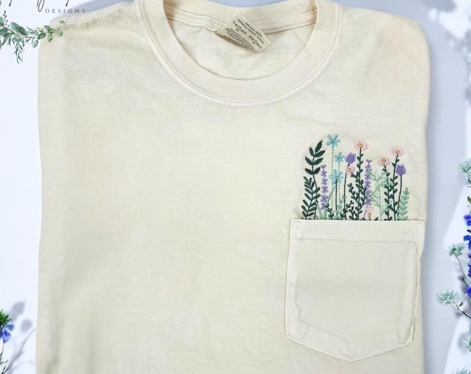 Embroidered  German inspired  Wildflowers cotton tee,  Comfort Color  fun all season apparel, Mothers Day Gift, extended sizes available.