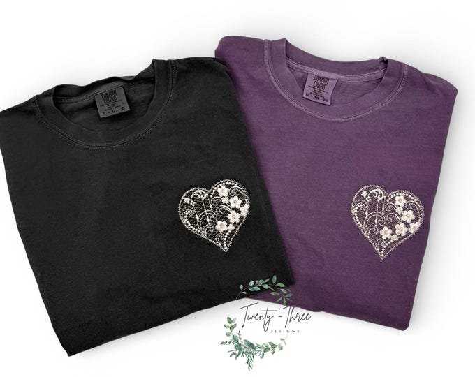 Embroidered  Wildflower Heart comfort color short sleeve T-Shirt, trendy , vintage pearl floral heart, romantic , gift, avail is plus sizes