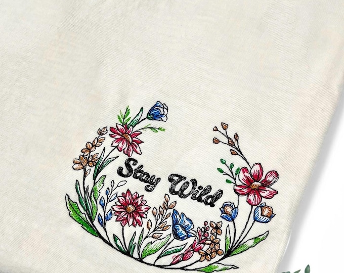 Embroidered Wildflower crewneck, stay wild  comfort color tee, Mother’s Day gift, spring & summer garden appeal, plus sizes