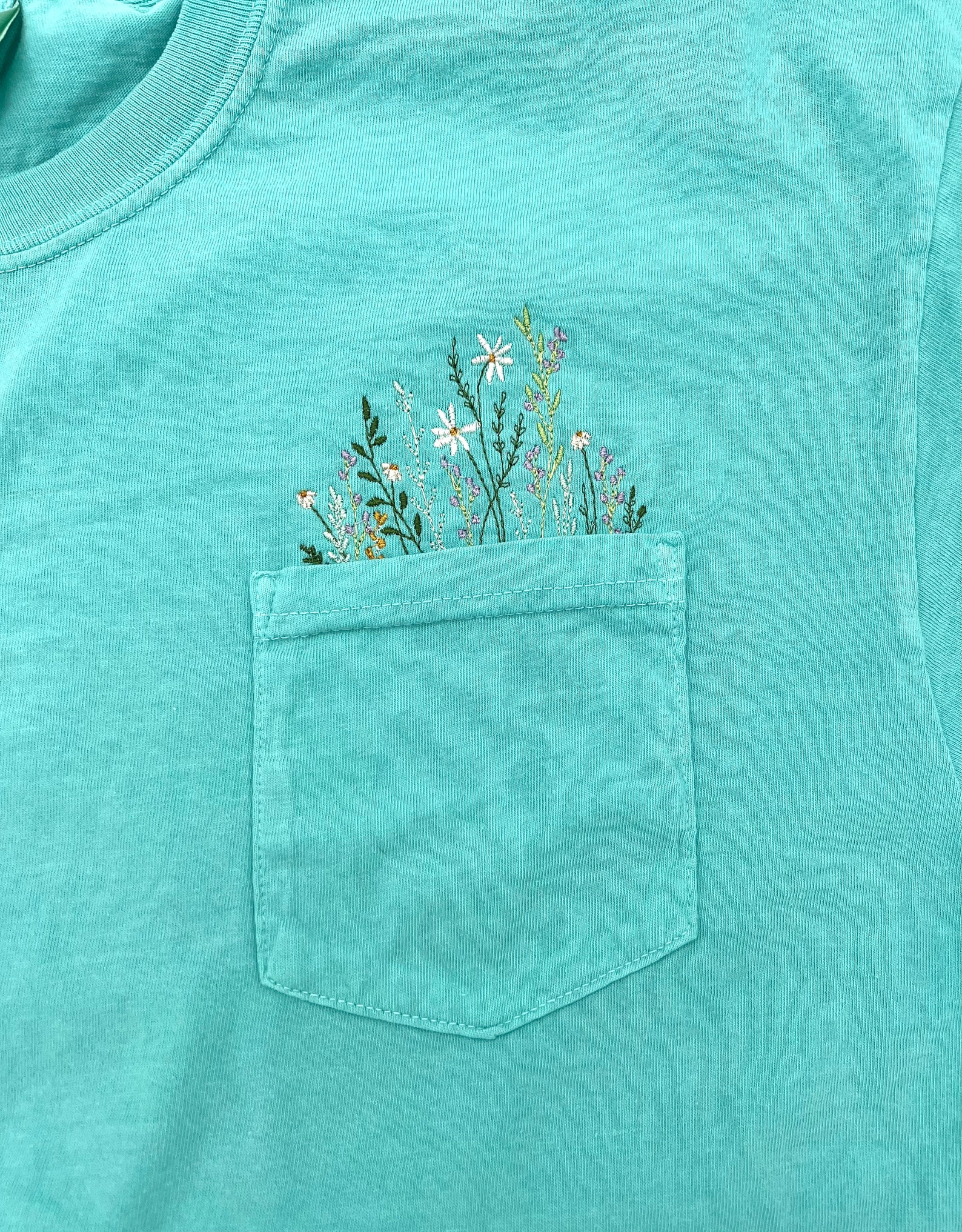Embroidered Crewneck Wildflower Pocket T-shirt, Embroidered Flower ...