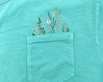 Embroidered crewneck wildflower pocket t-shirt, Embroidered flower shirt, Comfort Colors tshirt, Floral pocket tee, Embroidered flowers