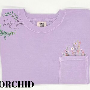 Embroidered crewneck wildflower pocket t-shirt, Embroidered flower shirt, Spring clothing, Floral pocket tee, Comfort Colors tshirt image 5