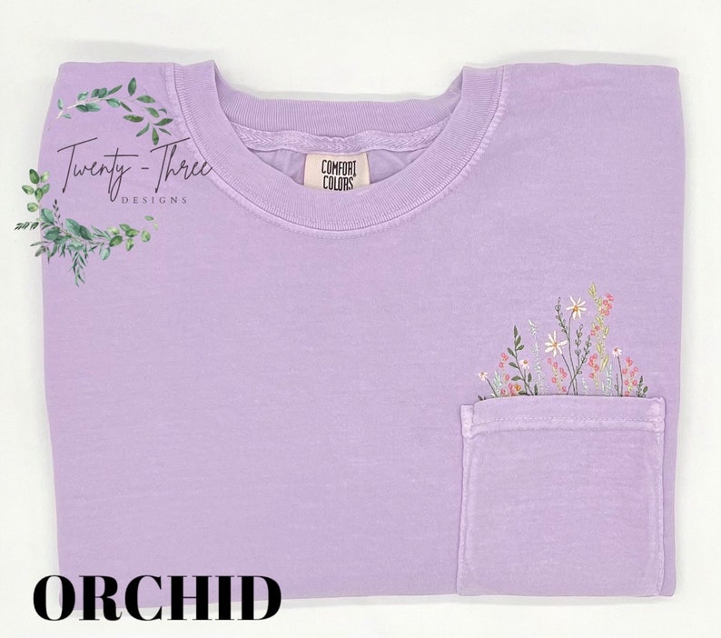 Embroidered crewneck wildflower pocket t-shirt, Embroidered flower shirt, Spring clothing, Floral pocket tee, Comfort Colors tshirt image 5