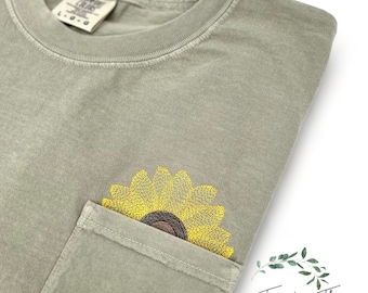 Embroidered crewneck wildflower pocket t-shirt, Embroidered flower shirt, Spring clothing, Floral pocket tee, Comfort Colors tee, Sunflowers