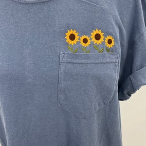 Embroidered Crewneck Sunflower Pocket T-shirt, Embroidered Flower Shirt ...