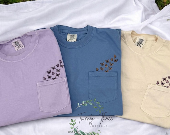 Embroidered Butterfly pocket t-shirt, all season clothing, vintage pocket tee, Morhers Day, Comfort Colors, available in extended sizes