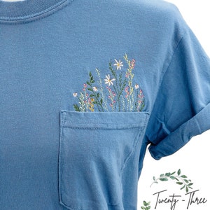 Embroidered crewneck wildflower pocket t-shirt, Embroidered flower shirt, Spring clothing, Floral pocket tee, Comfort Colors tshirt image 3