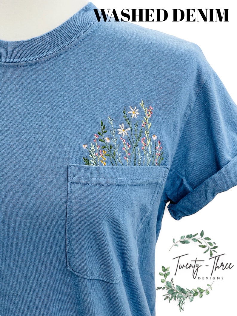 Embroidered crewneck wildflower pocket t-shirt, Embroidered flower shirt, Spring clothing, Floral pocket tee, Comfort Colors tshirt image 3